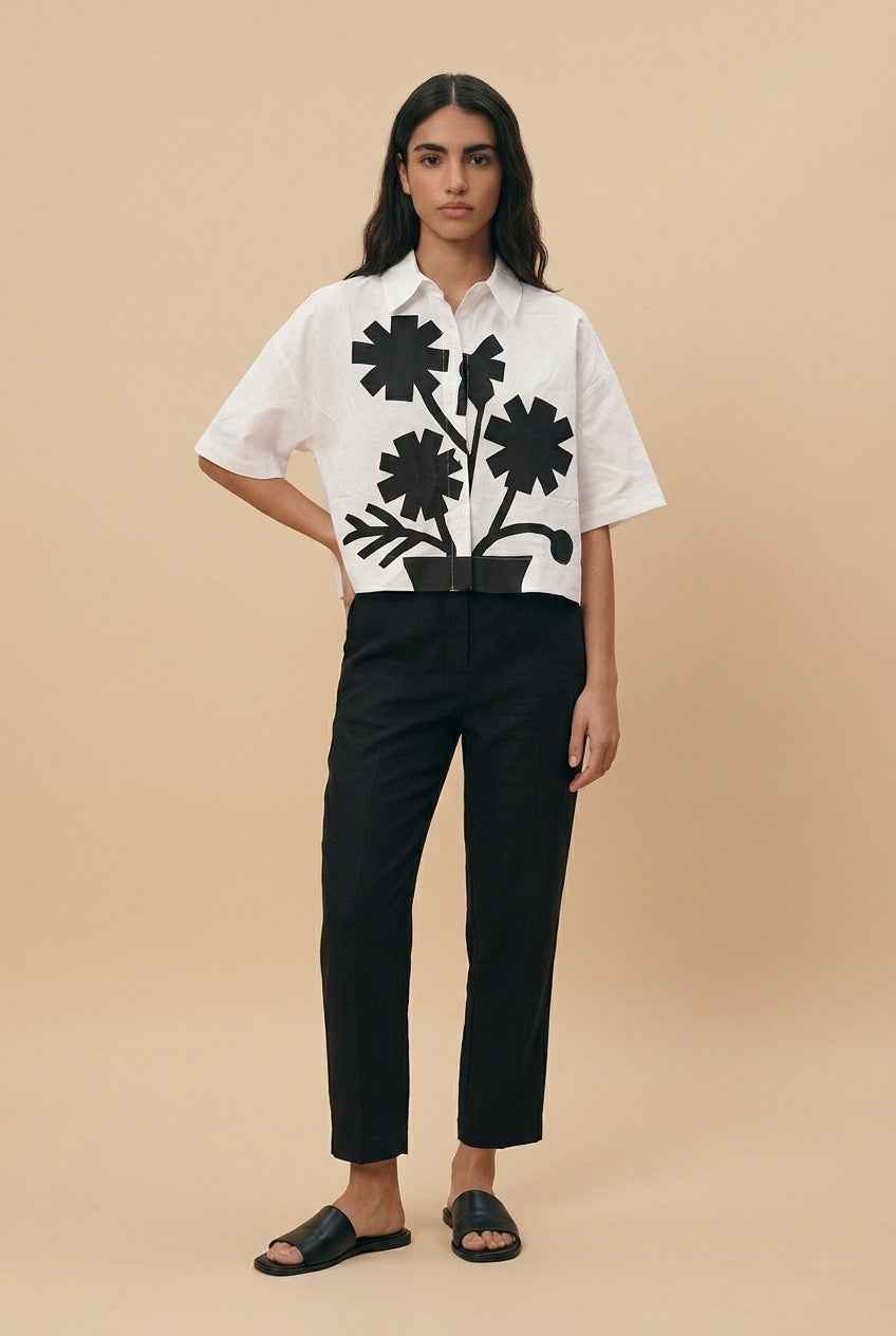 Black & White blue flower design shirt