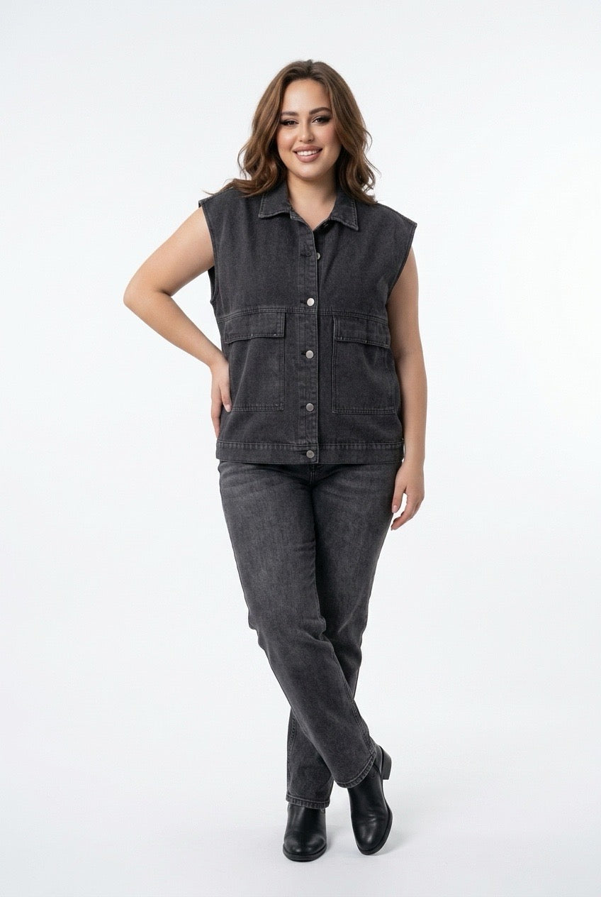 Grey denim wide vest