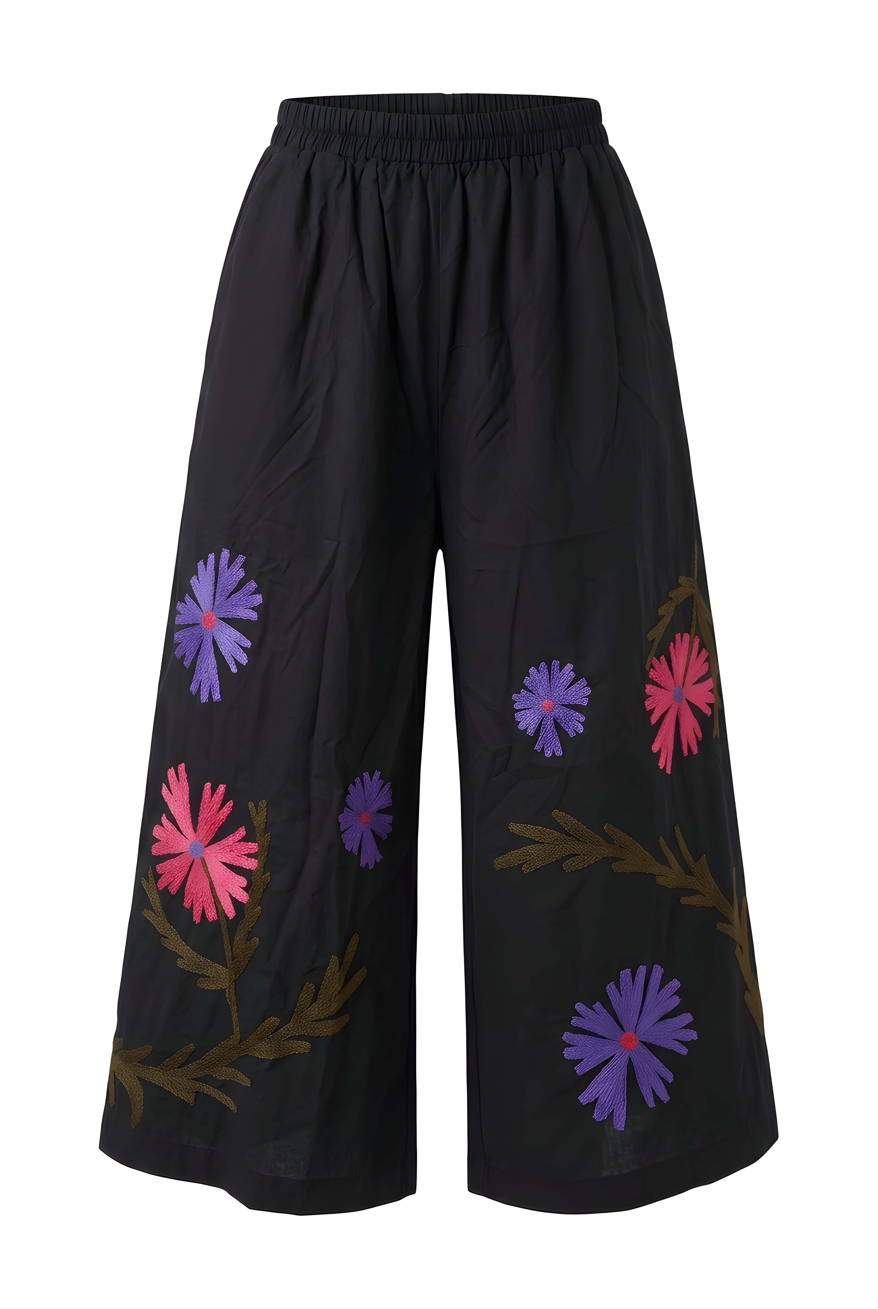 Black wide-leg pants with flower embroidery