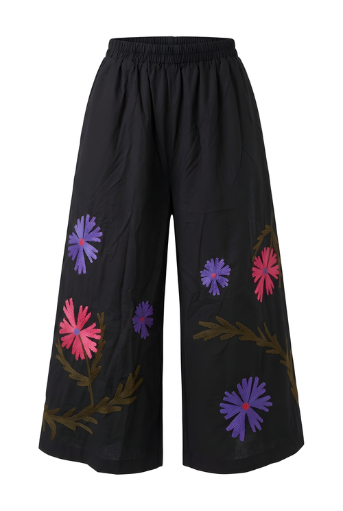 Black wide-leg pants with flower embroidery