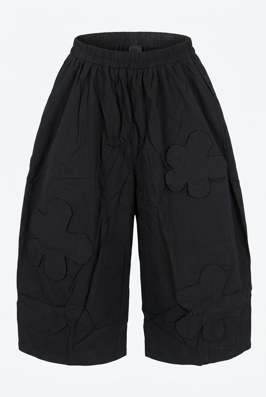 Black cropped Wide-Leg Pants with Floral Appliqué