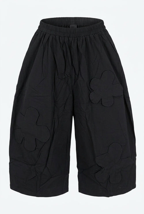 Black cropped Wide-Leg Pants with Floral Appliqué