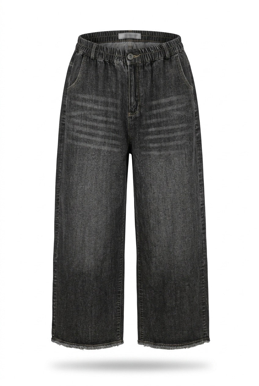 Grey Relaxed Wide-Leg Denim Pants