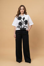 Black & White blue flower design shirt