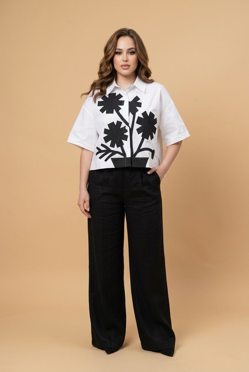 Black & White blue flower design shirt