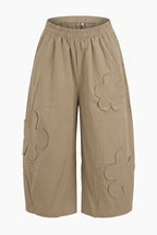 Beige cropped Wide-Leg Pants with Floral Appliqué