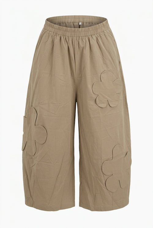 Beige cropped Wide-Leg Pants with Floral Appliqué
