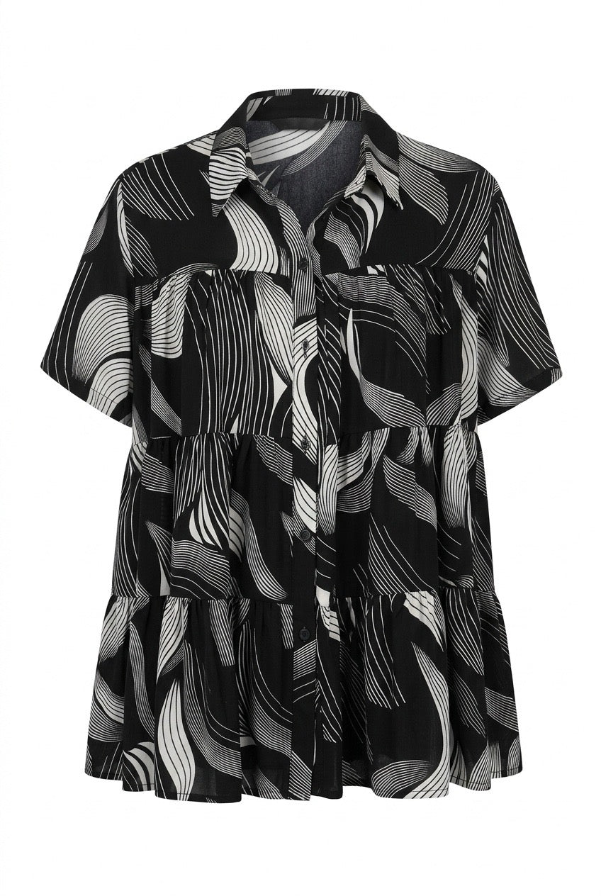 Abstract Print Flowy Tiered Shirt