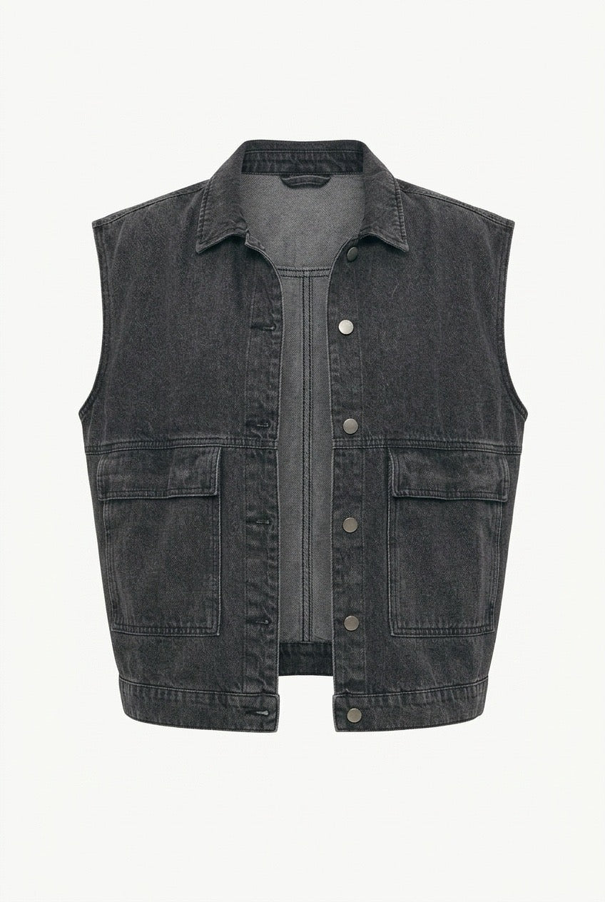 Grey denim wide vest