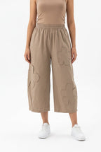 Beige cropped Wide-Leg Pants with Floral Appliqué