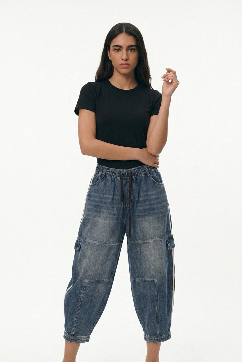 Oversize Cropped Denim Balloon Pants