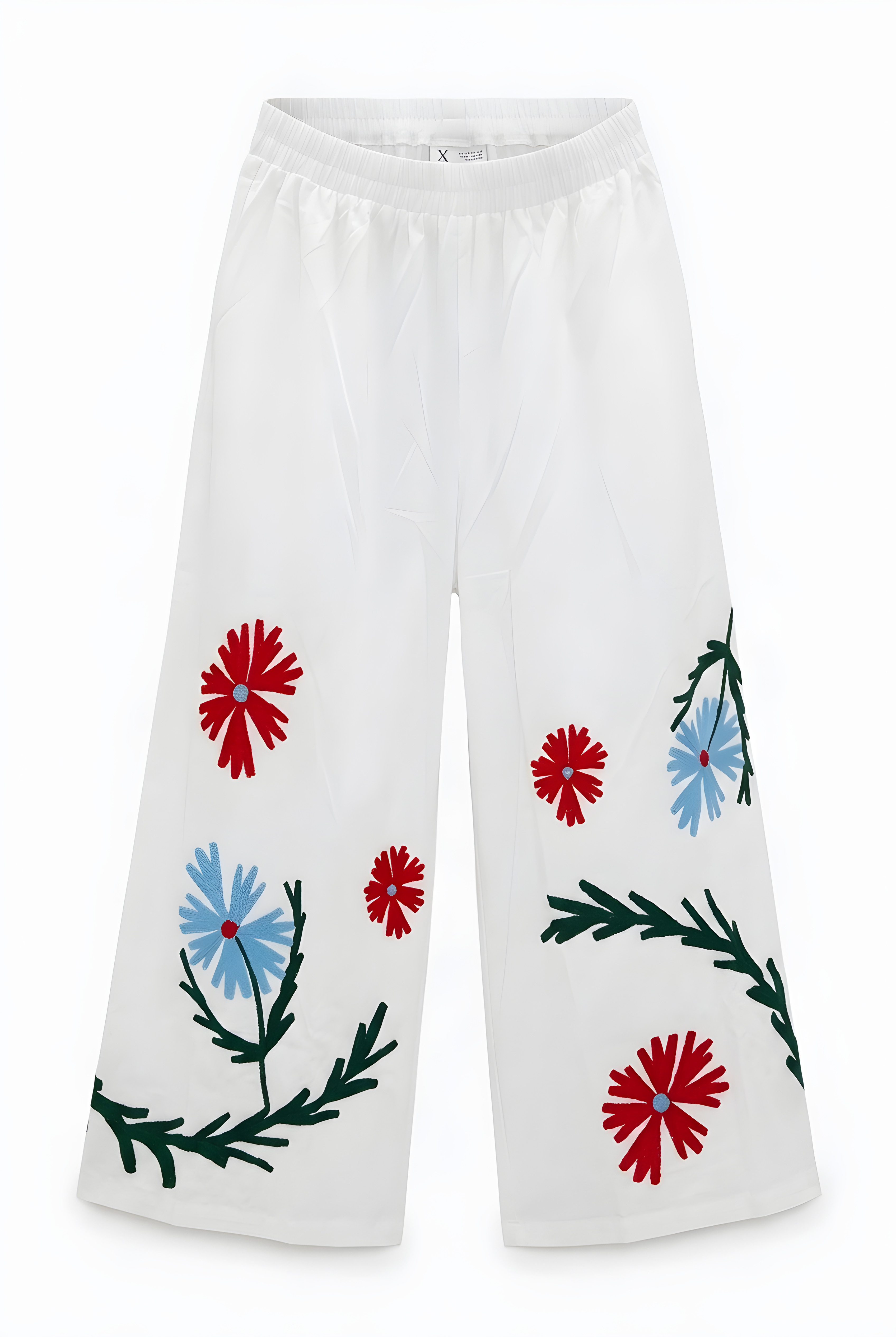 White wide-leg pants with flower embroidery