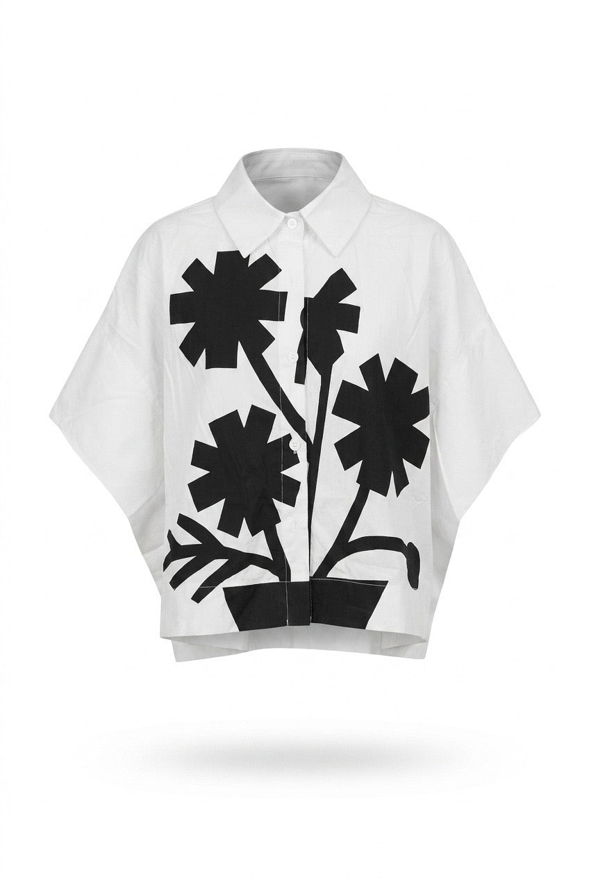 Black & White blue flower design shirt