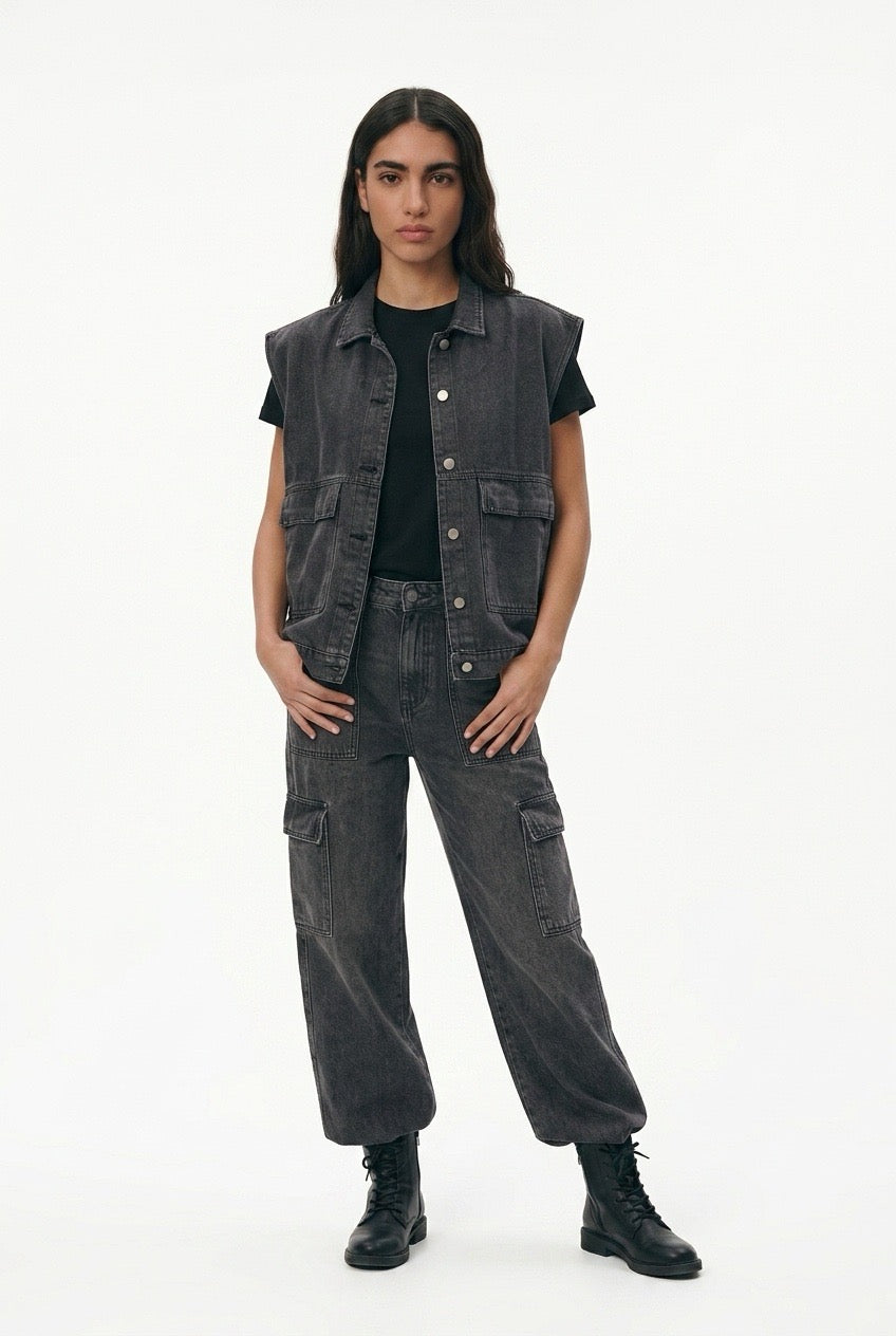 Grey denim wide vest