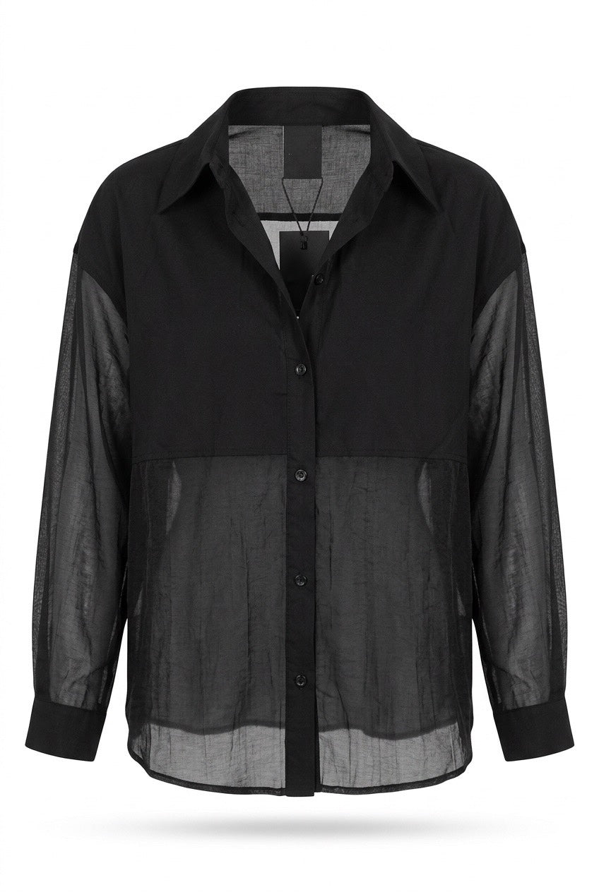 Black Sheer Long-Sleeve Button-Down Shirt