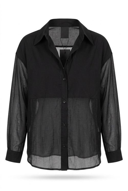 Black Sheer Long-Sleeve Button-Down Shirt