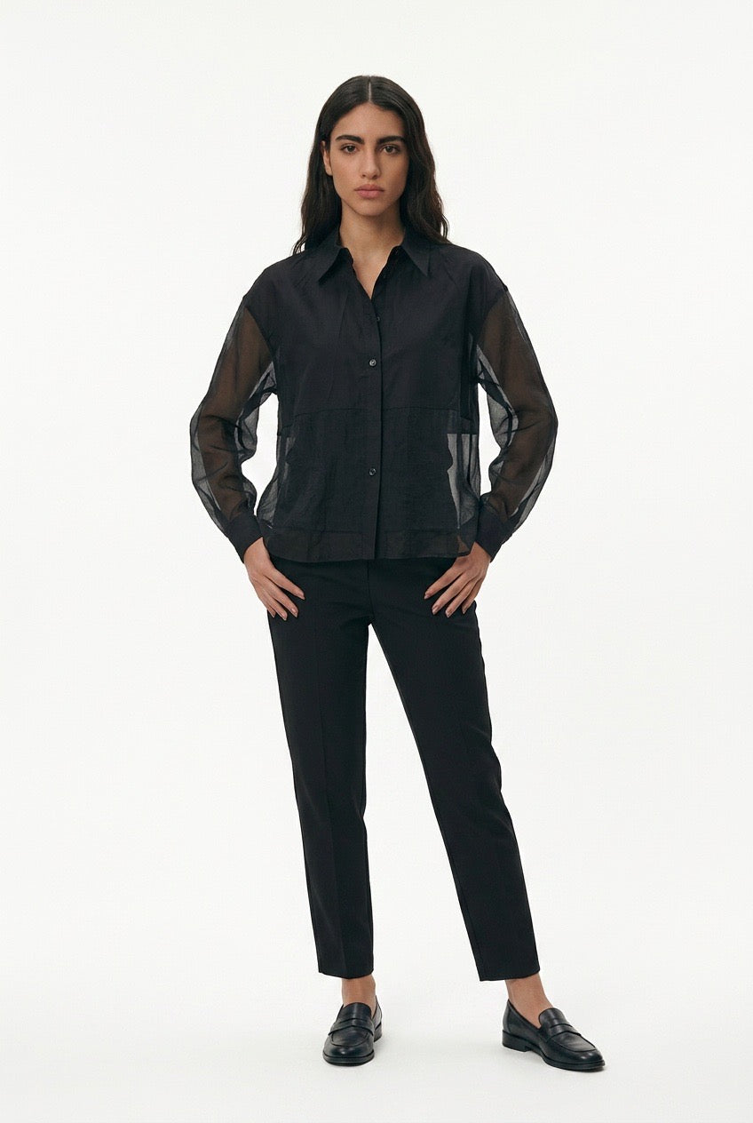 Black Sheer Long-Sleeve Button-Down Shirt