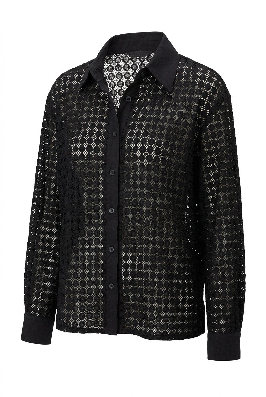Black sheer Crochet Long-Sleeve Shirt