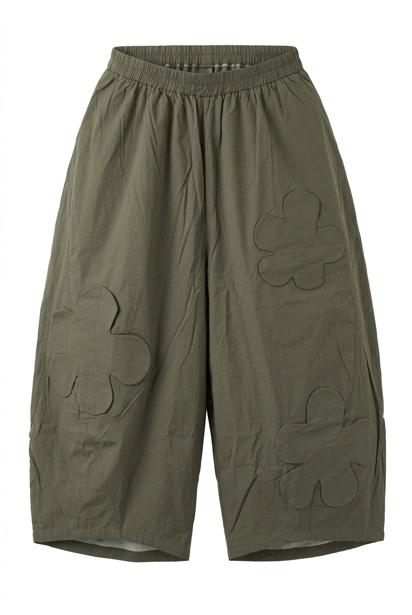 Khaki cropped Wide-Leg Pants with Floral Appliqué