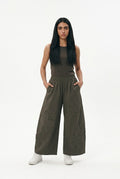 Khaki cropped Wide-Leg Pants with Floral Appliqué