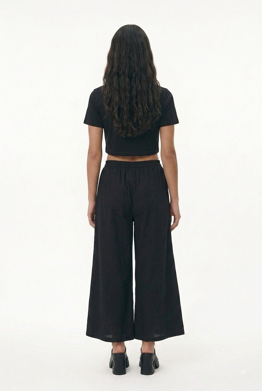 Black wide-leg pants with flower embroidery