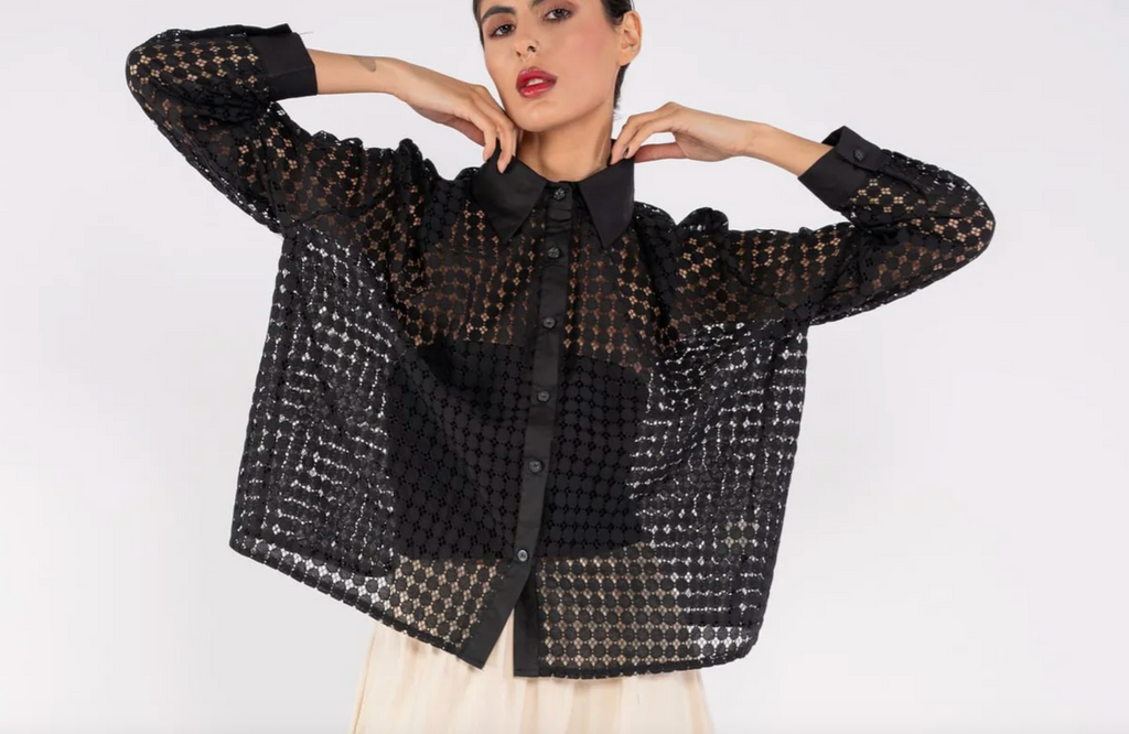 Black sheer Crochet Long-Sleeve Shirt