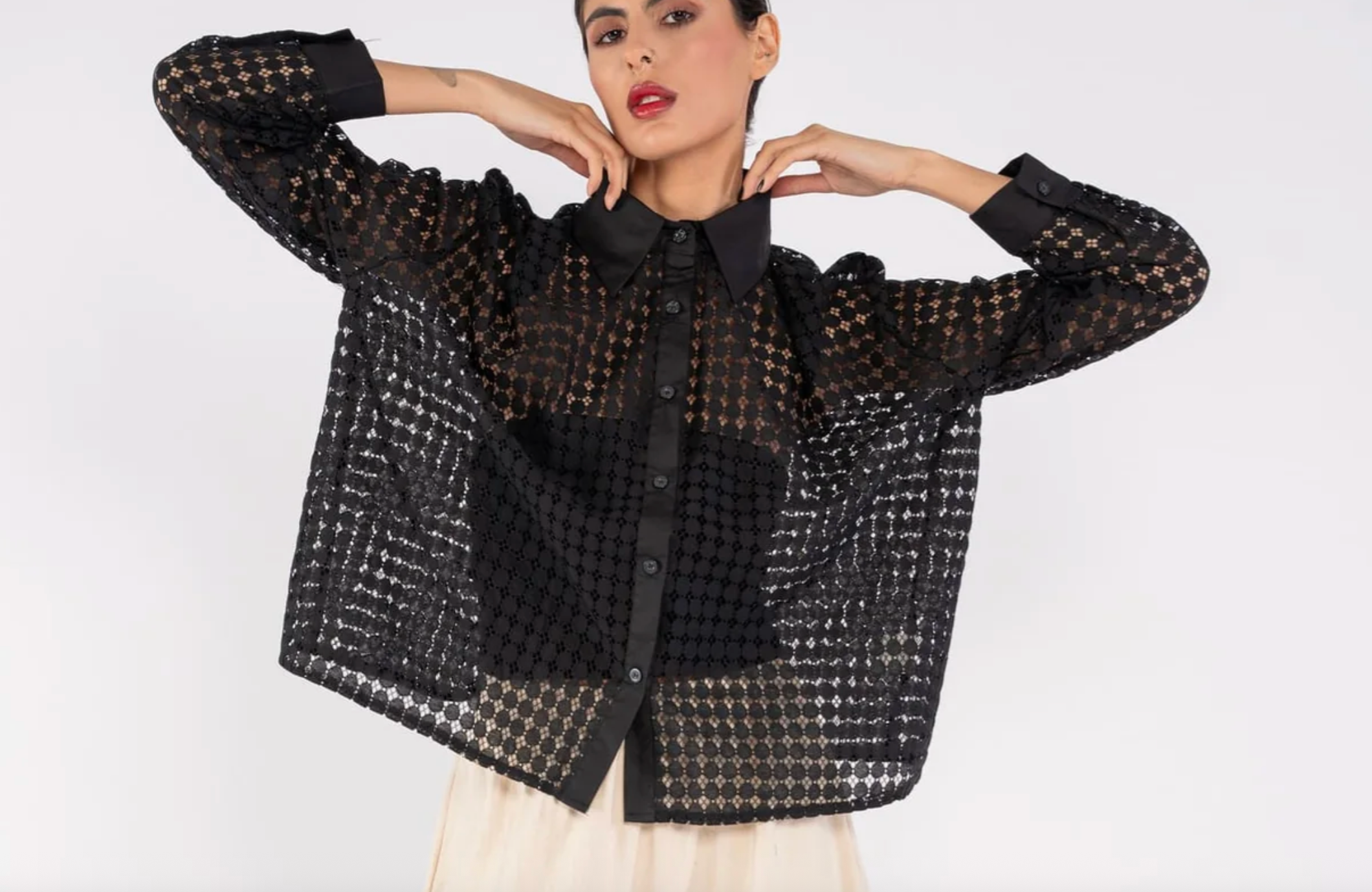 Black sheer Crochet Long-Sleeve Shirt