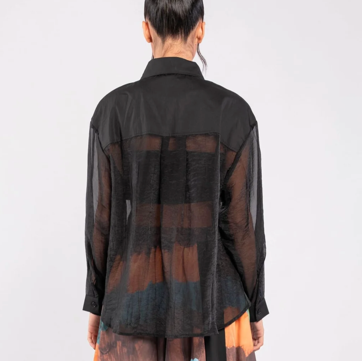 Black Sheer Long-Sleeve Button-Down Shirt